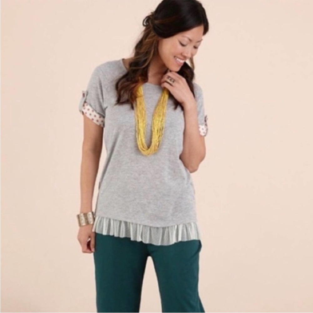 Matilda Jane Once Upon a Time Shirt Gray Lace Trim Polka Dot Sleeve Tunic Large